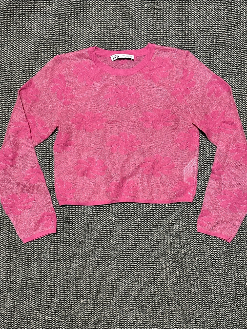 Zara Hot Pink Metallic Floral Crop Sweater